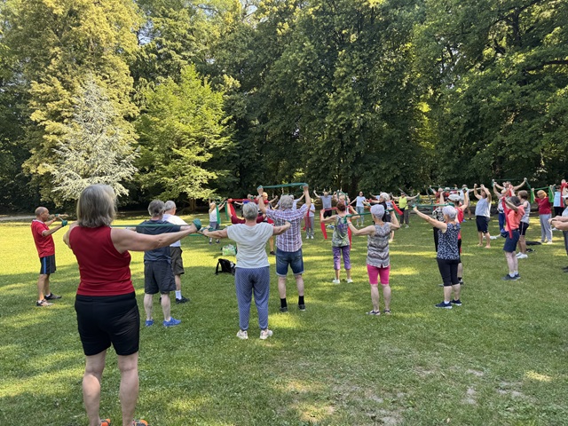 Gruppe von älteren Erwachsenen nimmt an einem Fitnesskurs im Freien teil
